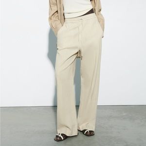 Zara women’s linen blend wide leg pants with drawstring  - beige - medium